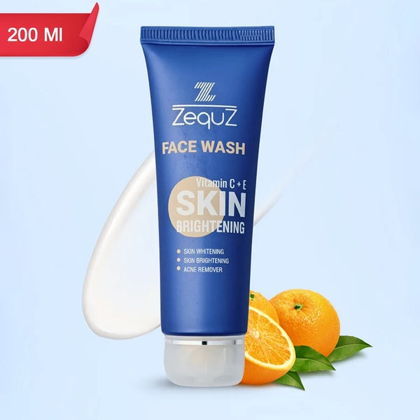 Zequiz face wash tube with oranges on a light blue background