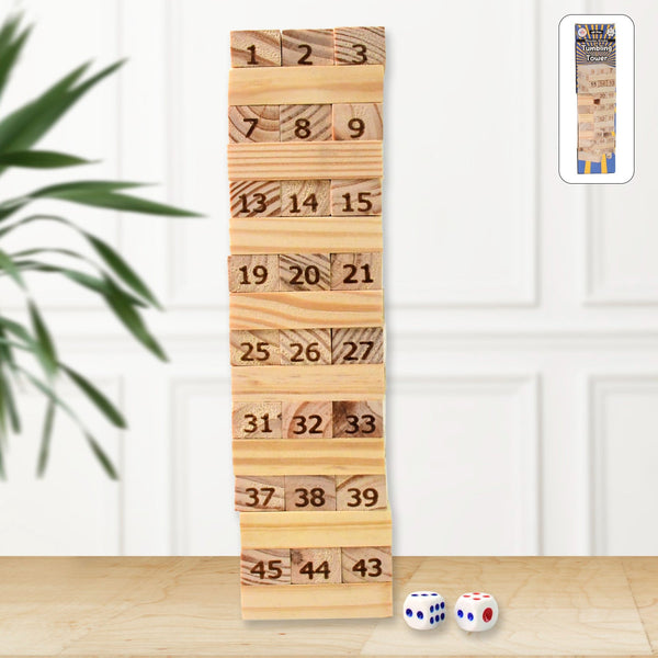 Wooden height chart with numbers and two dice on a wooden surface.