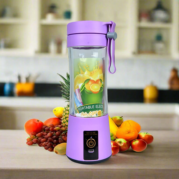 Purple portable blender with fruit on a kitchen counter