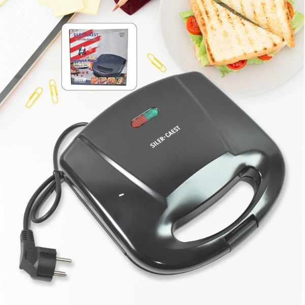 Black sandwich maker with a plug on a white background, showing a plate of grilled sandwiches.