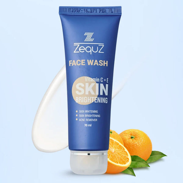 Zequz face wash tube with oranges on a light blue background