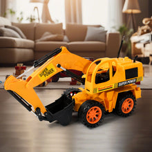 Toy excavator with 'Super Power' branding on a wooden floor in a living room setting.