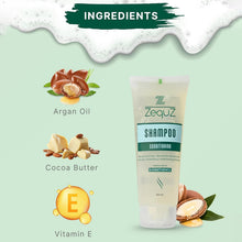 ZequZ shampoo tube with Argan Oil, Cocoa Butter, and Vitamin E graphics on a light green background