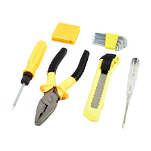 Set of tools including pliers, screwdrivers, and a knife on a white background