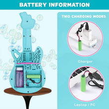 Blue toy guitar with battery information and charging modes on a light blue background