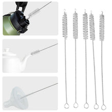 Set of three long metal cleaning brushes with a close-up of one being used on a water bottle.