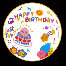 Round colorful birthday card with cartoon characters and 'Happy Birthday' text on a white background.