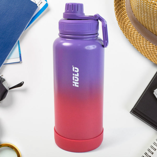 Gradient purple to pink water bottle with 'Hulu' branding on a white surface.