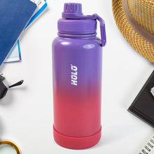 Gradient purple to pink water bottle with 'Hulu' branding on a white surface.