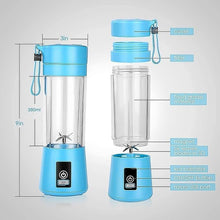 Blue portable blender with labeled parts on a gray background
