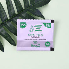 Zequz Neem Tulsi face wash packet with green leaves on a light green background