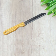 Gold-handled knife on a light wooden surface with green leaves in the corner
