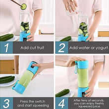 Step-by-step guide on using a portable blender with cut fruit and water/yogurt.