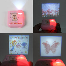 Pink handheld projector with various images projected on a screen