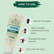Zequz shampoo packaging with usage instructions on a green background