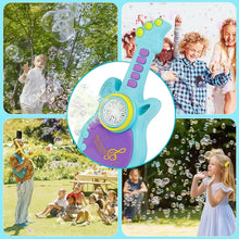 Collage of children playing with a bubble guitar toy in various outdoor settings.