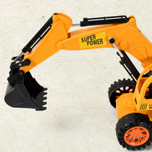 Toy excavator with 'Super Power' label on a light background