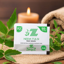 Zequéz Neem Tulsi Face Wash packaging with leaves and a candle in the background