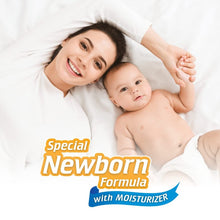 Woman holding a baby with text about a special newborn formula on a white background