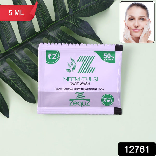Zequz Neem Tulsi face wash packaging with green leaves and a woman applying face wash.