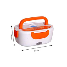 White and orange electric lunch box with dimensions 