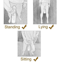 Illustration of a person wearing compression stockings with labels for standing, lying, and sitting.