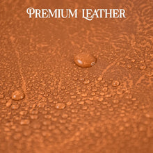 Brown leather surface with water droplets and 'Premium Leather' text.