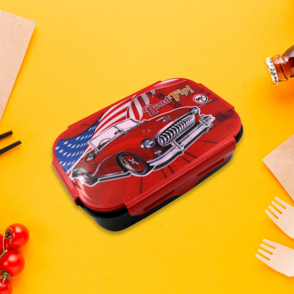 Red lunch box with car design on a yellow background