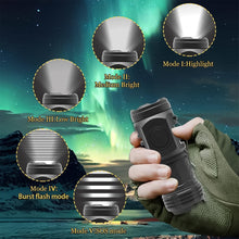 Handheld flashlight with different modes shown against a scenic background