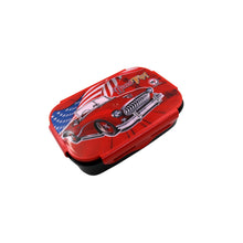 Red metal lunch box with car design on a white background