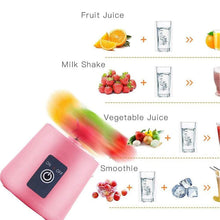 Pink blender with images of fruits, vegetables, and drinks on a white background