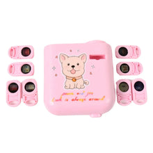 Pink pet training device set with cartoon dog illustration on a white background