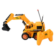 Toy excavator with remote control on a white background