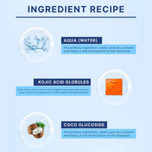 Ingredient recipe for a facewash with water, kojic acid globules, and coco glucoside on a light blue background.