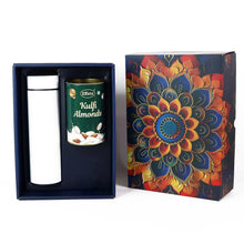 Gift set with a thermos and a can of 'Kulfi Almonds' in a decorative box.