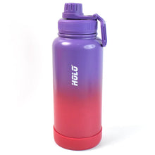 Gradient purple to pink water bottle with purple cap on a white background