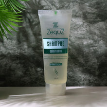 ZequZ shampoo bottle on a marble surface with a leafy background