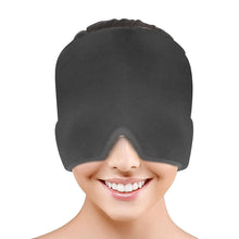 Person wearing a gray sleep mask on a white background