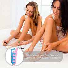 Two women sitting on a bed with a focus on their legs and a small inset of a foot-shaped product.