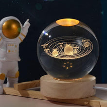 Glass ball with solar system model and astronaut figure in background
