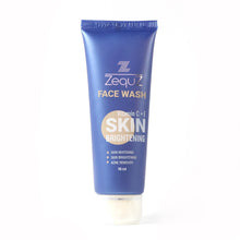 Blue tube of Zequz Face Wash with skin brightening claims on a white background