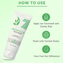 Neem Tulsi face wash tube with usage instructions on a green background