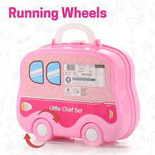 Pink toy bus set with 'Little Chef Set' branding on a white background