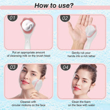 Step-by-step guide on how to use a facial cleansing brush with images and text.