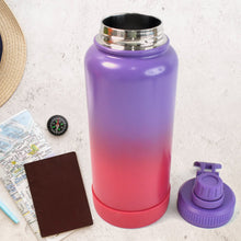 Gradient purple to pink water bottle with a purple cap on a light surface.