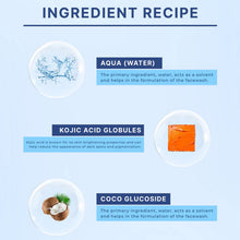 Ingredient recipe for a facewash with water, kojic acid globules, and coco glucoside on a light blue background.