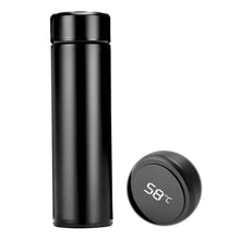 Black thermos bottle with digital temperature display on a white background