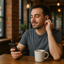 Man sitting at a table with a phone and a mug, listening to music with earphones.