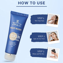 Zequiz face wash tube with usage instructions on a light blue background