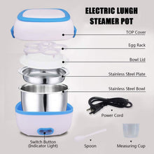 Electric lunch steamer pot with labeled parts on a gray background